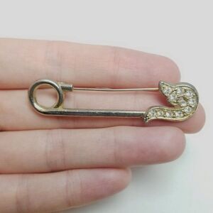 Vintage Rhinestone Safty Pin Style Brooch, Silve Tone, Retro Estate